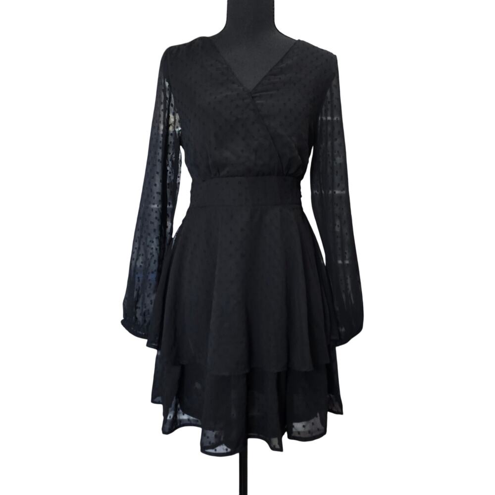 Japna Black Ruffled Chiffon Swiss Dot Mini Dress Sz M